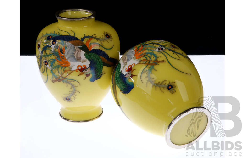 Pair Vintage Japanese Yellow Cloisonne Vases From the Ando School, Circa 1930s