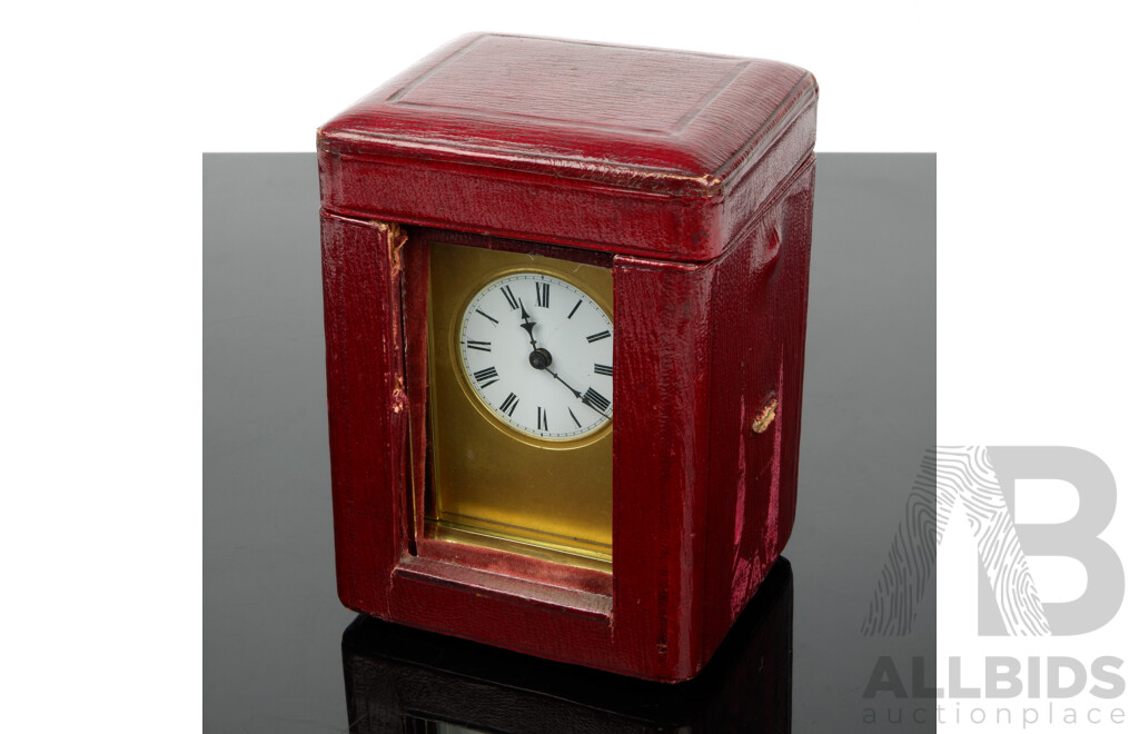 Antique Brass Carriage Clock with Beveled Glass, Enameled Face and Lined Case
