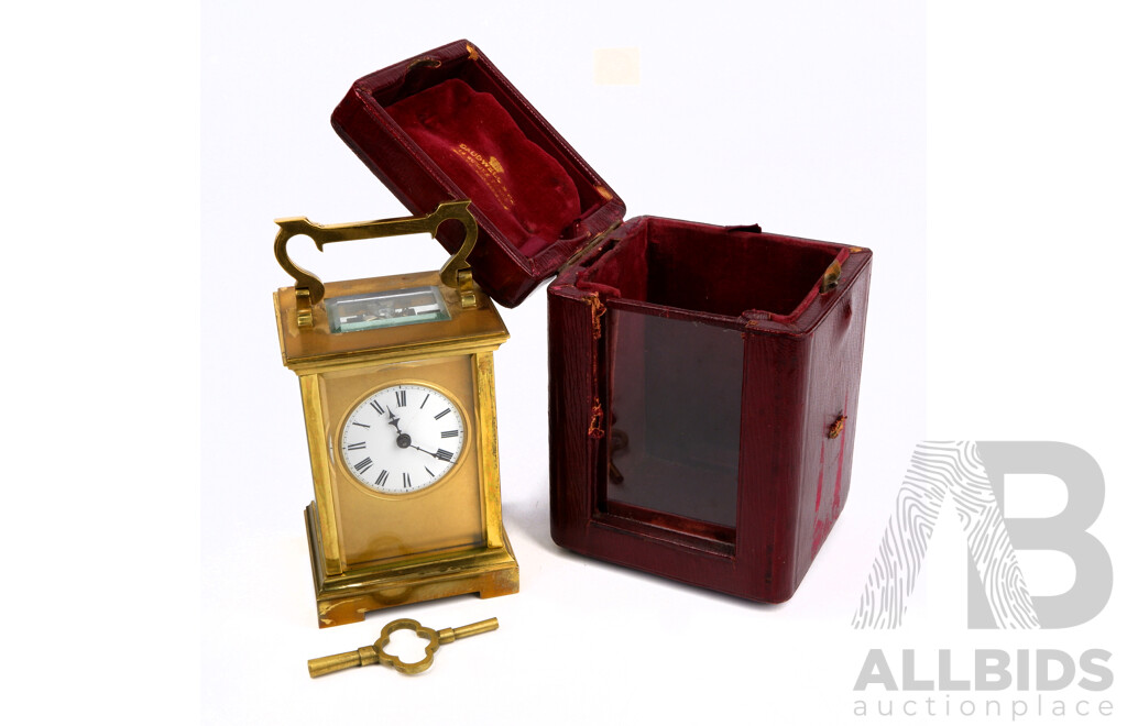 Antique Brass Carriage Clock with Beveled Glass, Enameled Face and Lined Case
