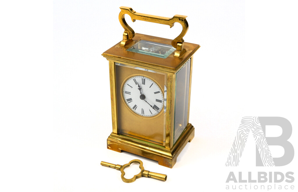 Antique Brass Carriage Clock with Beveled Glass, Enameled Face and Lined Case