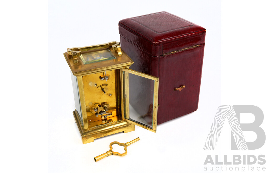 Antique Brass Carriage Clock with Beveled Glass, Enameled Face and Lined Case