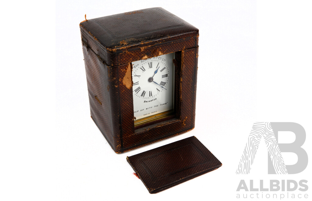 The Reason MFD Co LTD Antique Brass Carriage Clock with Beveled Glass, Enameled Roman Numeral Face and Original Lined Case, Made in France