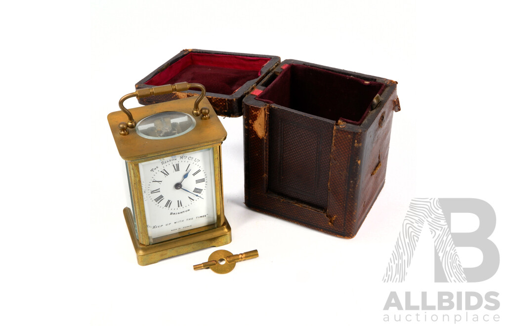The Reason MFD Co LTD Antique Brass Carriage Clock with Beveled Glass, Enameled Roman Numeral Face and Original Lined Case, Made in France