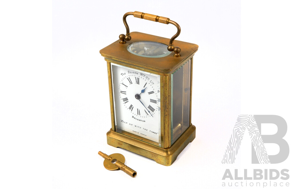 The Reason MFD Co LTD Antique Brass Carriage Clock with Beveled Glass, Enameled Roman Numeral Face and Original Lined Case, Made in France