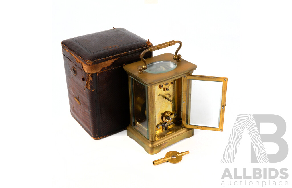 The Reason MFD Co LTD Antique Brass Carriage Clock with Beveled Glass, Enameled Roman Numeral Face and Original Lined Case, Made in France