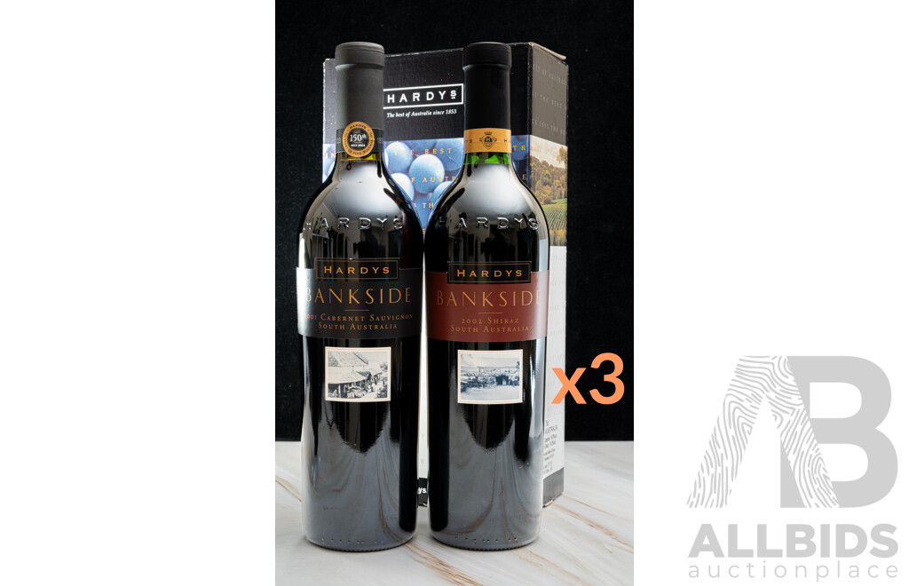 Boxed Hardys Bankside Shiraz Vintage 2002 Bankside Cabernet Sauvignon Vintage 2001 Gift Packs X 3