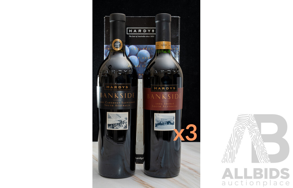 Boxed Hardys Bankside Shiraz Vintage 2002 Bankside Cabernet Sauvignon Vintage 2001 Gift Packs X 3