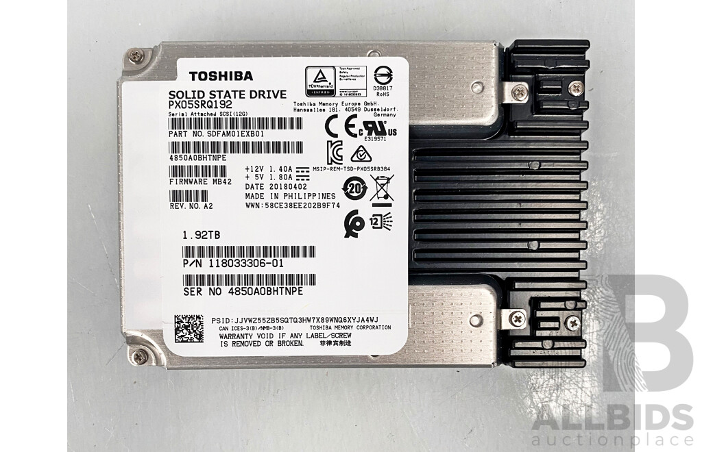 Toshiba (PX05SRQ192) 1.92TB SAS 12Gbps 2.5-Inch Solid State Drive - Lot of Two