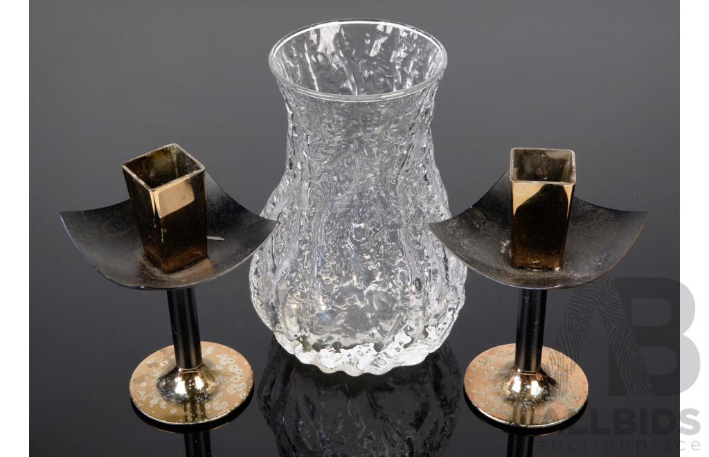 Pair Mid Century Australian Brass and Steel Candle Holders by EJD Along with Textured Frosted Glass Vase