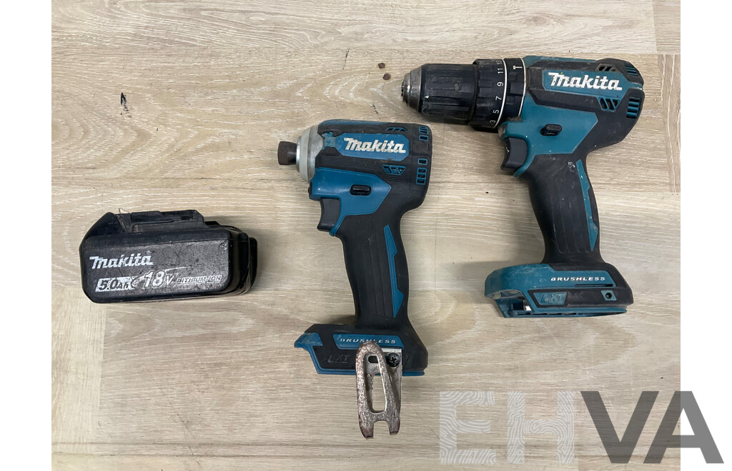 MAKITA (DHP485) 18V Hammer Driver Drill, MAKITA (DTD171) 18V Impact Driver, MAKITA 5.0Ah Battery - Lot of 3