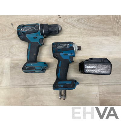 MAKITA (DHP485) 18V Hammer Driver Drill, MAKITA (DTD171) 18V Impact Driver, MAKITA 5.0Ah Battery - Lot of 3