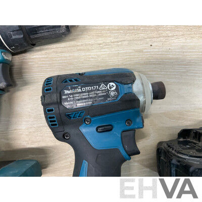 MAKITA (DHP485) 18V Hammer Driver Drill, MAKITA (DTD171) 18V Impact Driver, MAKITA 5.0Ah Battery - Lot of 3