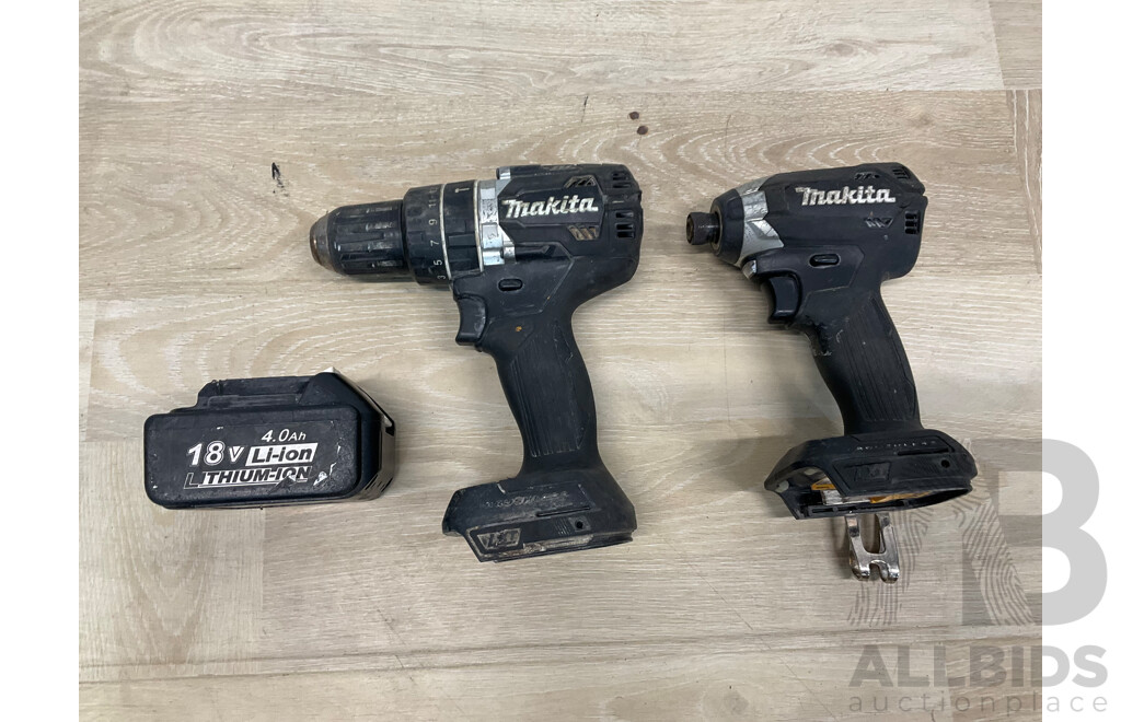 MAKITA (DHP484) 18V Brushless Hammer Driver Drill, MAKITA (DTD153) 18V Impact Driver, MAKITA 4.0Ah Battery - Lot of 3