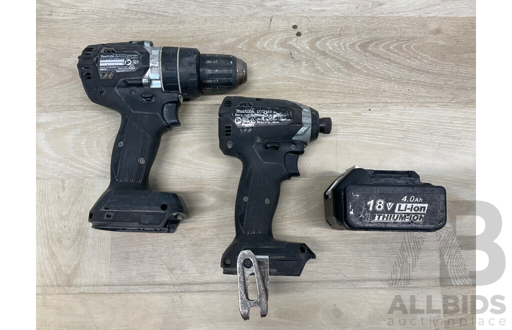 MAKITA (DHP484) 18V Brushless Hammer Driver Drill, MAKITA (DTD153) 18V Impact Driver, MAKITA 4.0Ah Battery - Lot of 3