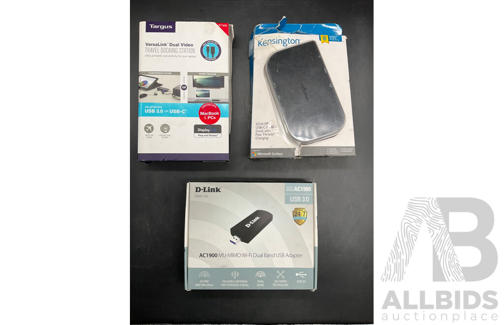 D-LINK Wi-fi Dual Band USB Adapter, TARGUS Travel Docking Station, KENSINGTON Dock with Pass Through Charging - Lot of 3 - ORP $469
