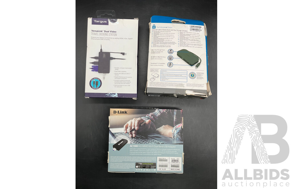 D-LINK Wi-fi Dual Band USB Adapter, TARGUS Travel Docking Station, KENSINGTON Dock with Pass Through Charging - Lot of 3 - ORP $469