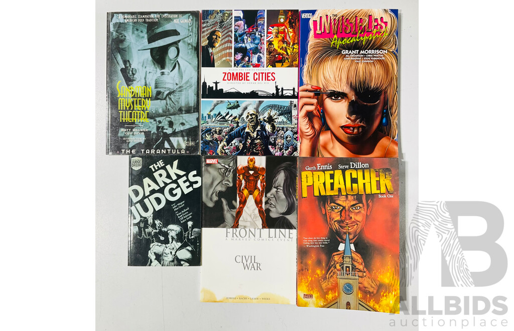 Collection of Trade Paperback Comics Including Judge Dredd: the Dark Judges, Sandman Mystery Theatre, Marvel Comics Civil War Frontlines and More
