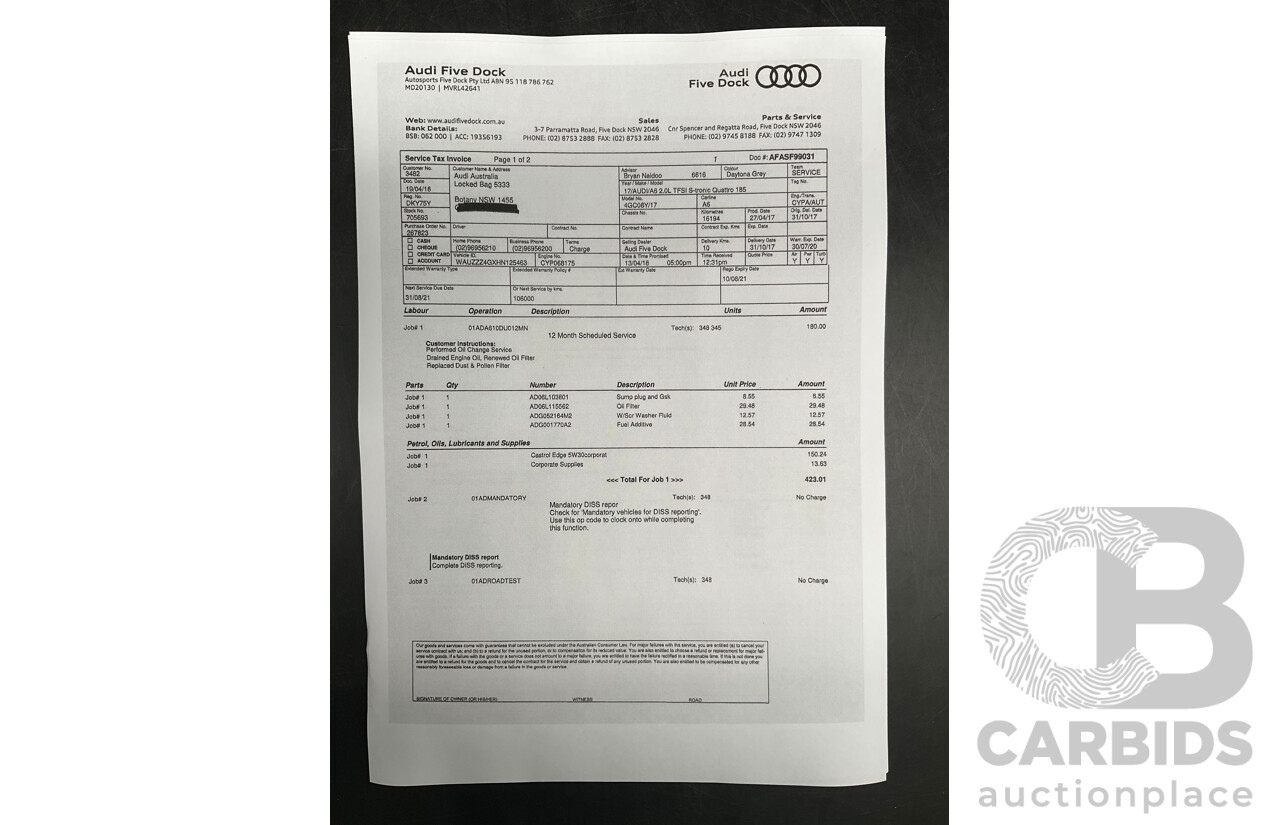 08/2017 Audi A6 2.0 TFSI S-Tronic Quattro (AWD) 4GC MY18 4d Sedan Daytona Grey Pearl Turbo 2.0L