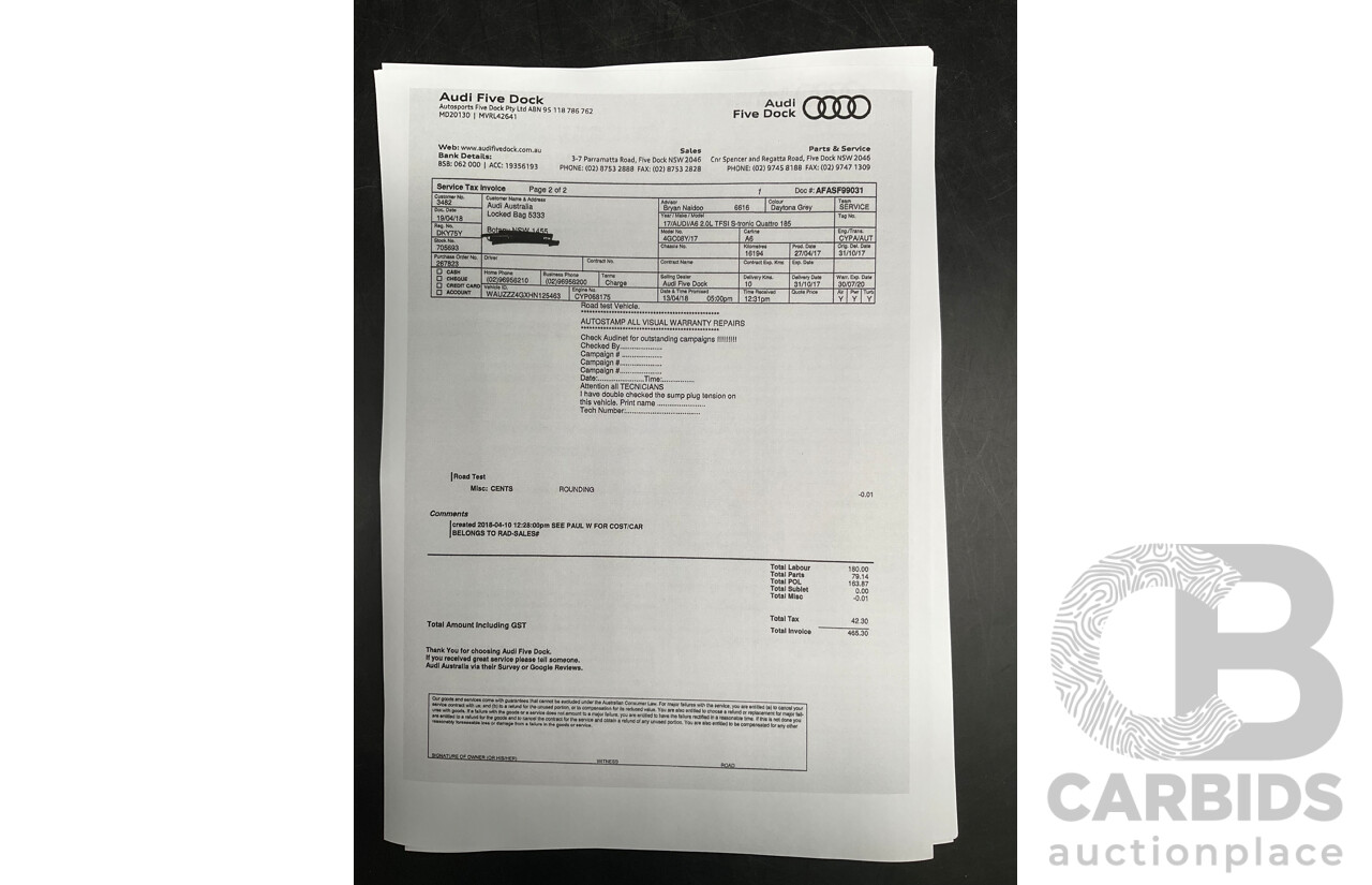 08/2017 Audi A6 2.0 TFSI S-Tronic Quattro (AWD) 4GC MY18 4d Sedan Daytona Grey Pearl Turbo 2.0L