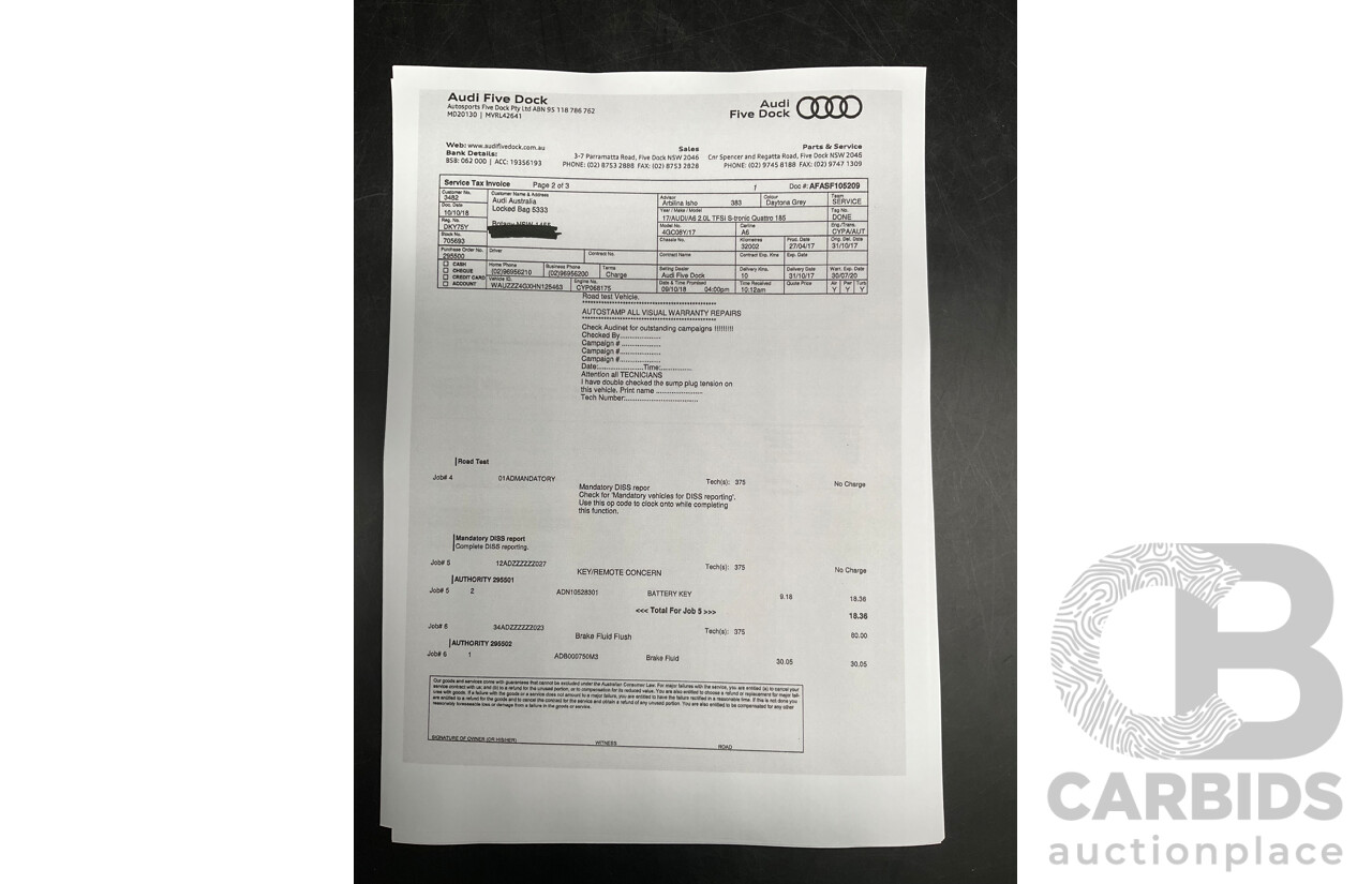 08/2017 Audi A6 2.0 TFSI S-Tronic Quattro (AWD) 4GC MY18 4d Sedan Daytona Grey Pearl Turbo 2.0L