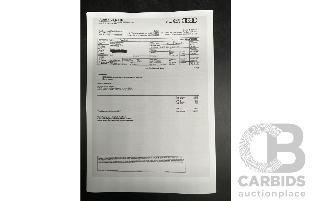 08/2017 Audi A6 2.0 TFSI S-Tronic Quattro (AWD) 4GC MY18 4d Sedan Daytona Grey Pearl Turbo 2.0L