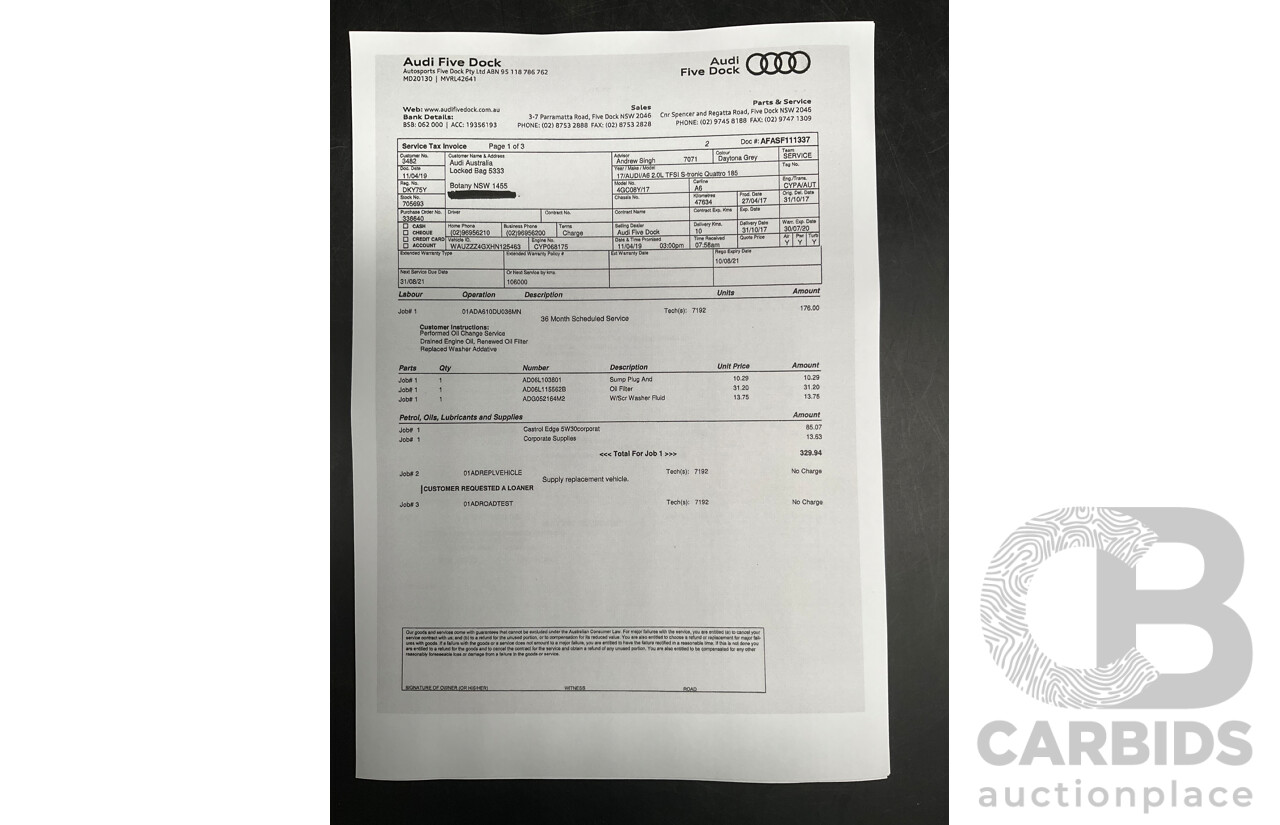 08/2017 Audi A6 2.0 TFSI S-Tronic Quattro (AWD) 4GC MY18 4d Sedan Daytona Grey Pearl Turbo 2.0L