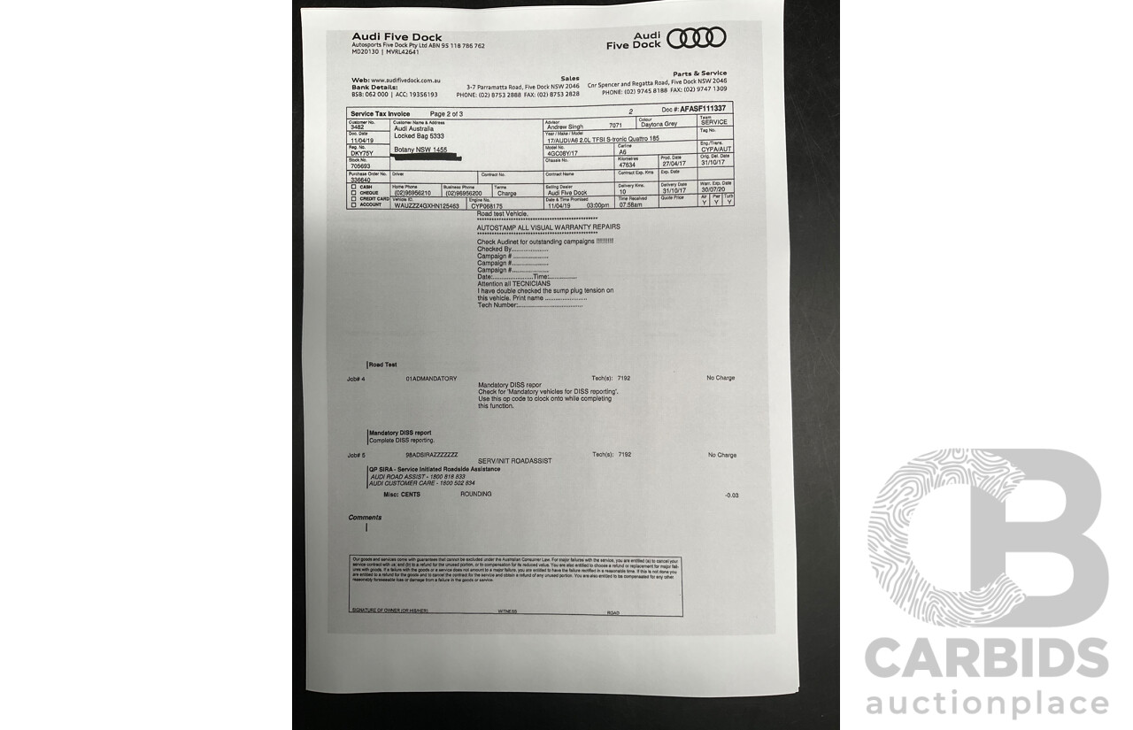 08/2017 Audi A6 2.0 TFSI S-Tronic Quattro (AWD) 4GC MY18 4d Sedan Daytona Grey Pearl Turbo 2.0L