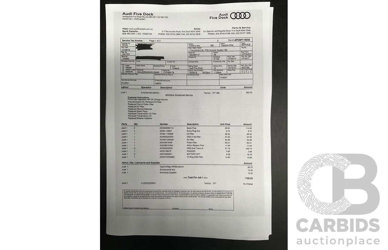 08/2017 Audi A6 2.0 TFSI S-Tronic Quattro (AWD) 4GC MY18 4d Sedan Daytona Grey Pearl Turbo 2.0L