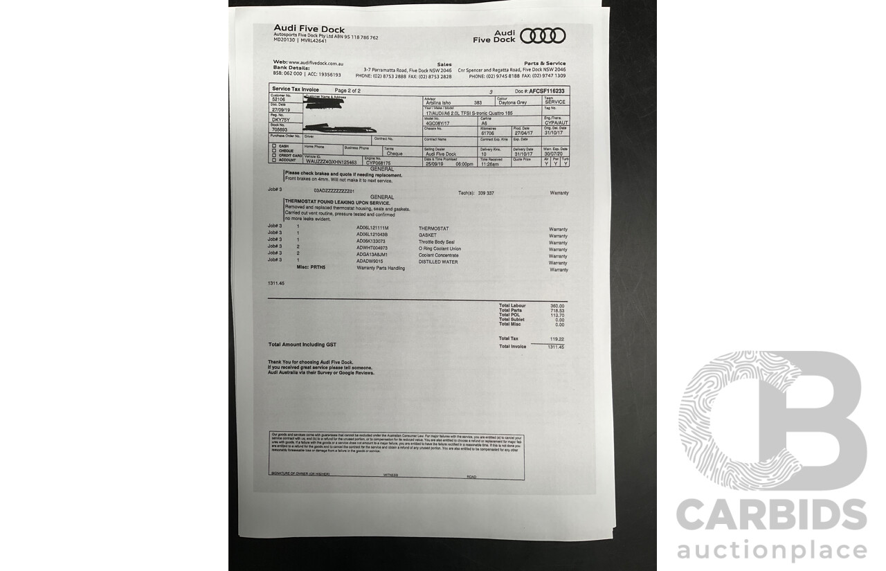 08/2017 Audi A6 2.0 TFSI S-Tronic Quattro (AWD) 4GC MY18 4d Sedan Daytona Grey Pearl Turbo 2.0L