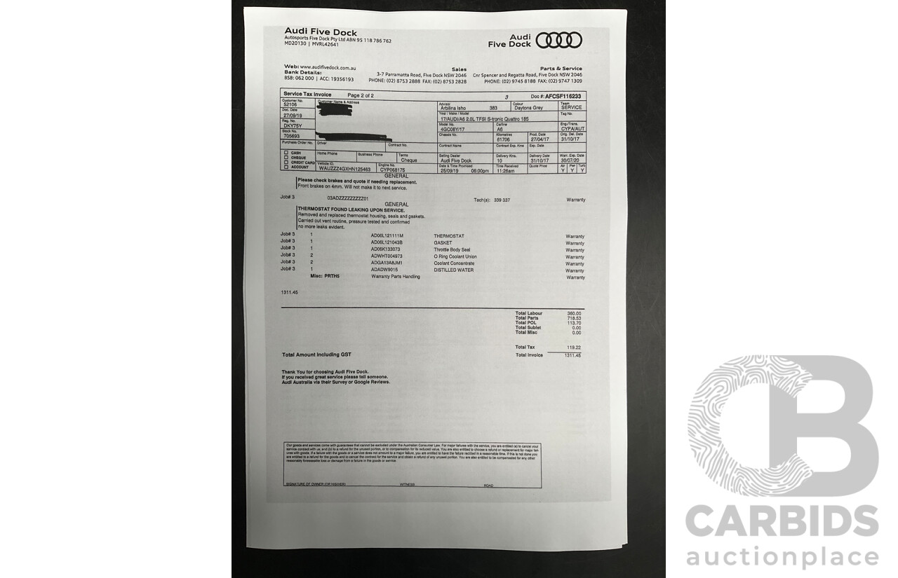 08/2017 Audi A6 2.0 TFSI S-Tronic Quattro (AWD) 4GC MY18 4d Sedan Daytona Grey Pearl Turbo 2.0L