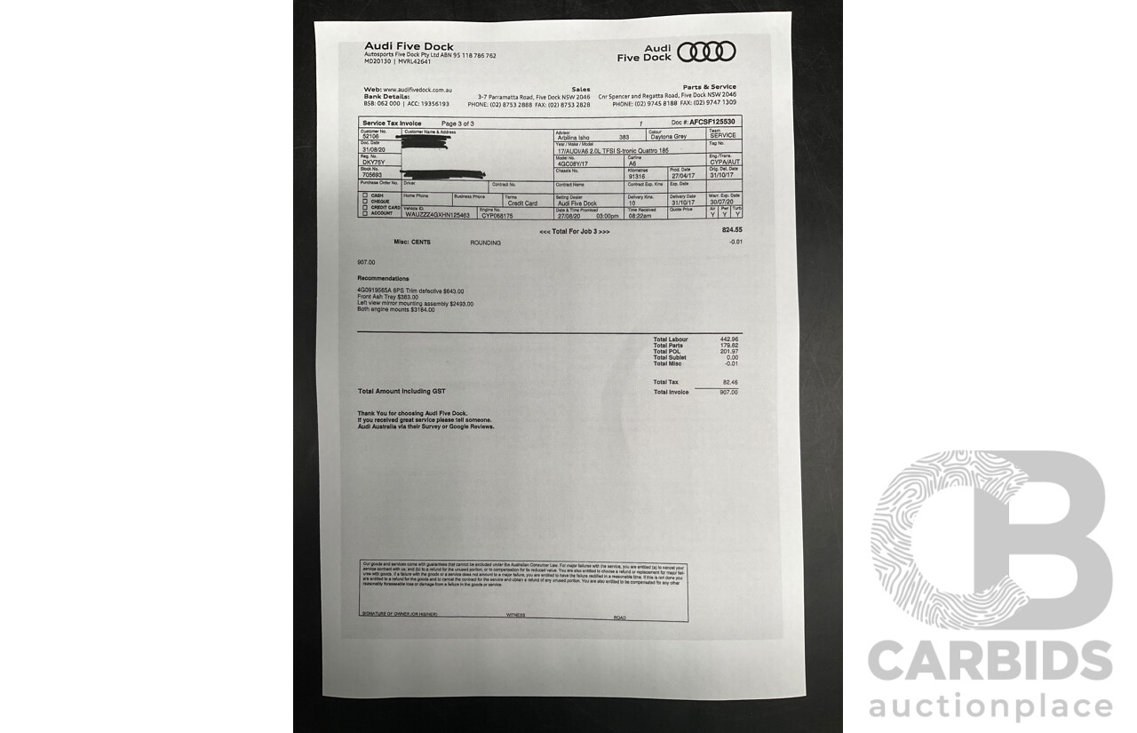 08/2017 Audi A6 2.0 TFSI S-Tronic Quattro (AWD) 4GC MY18 4d Sedan Daytona Grey Pearl Turbo 2.0L