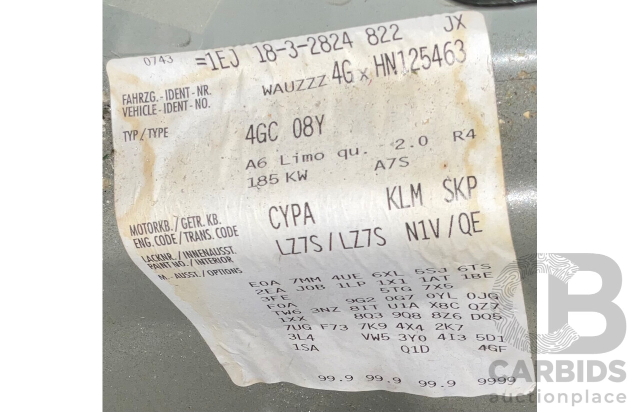 08/2017 Audi A6 2.0 TFSI S-Tronic Quattro (AWD) 4GC MY18 4d Sedan Daytona Grey Pearl Turbo 2.0L