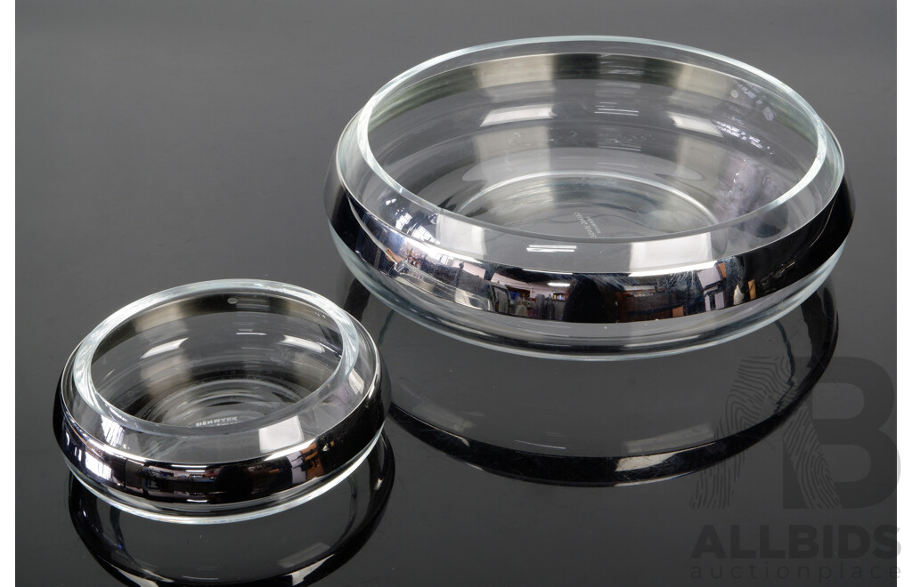 Two Retro Danish Georg Jensen Glass Bowls with Metal Detail to Side