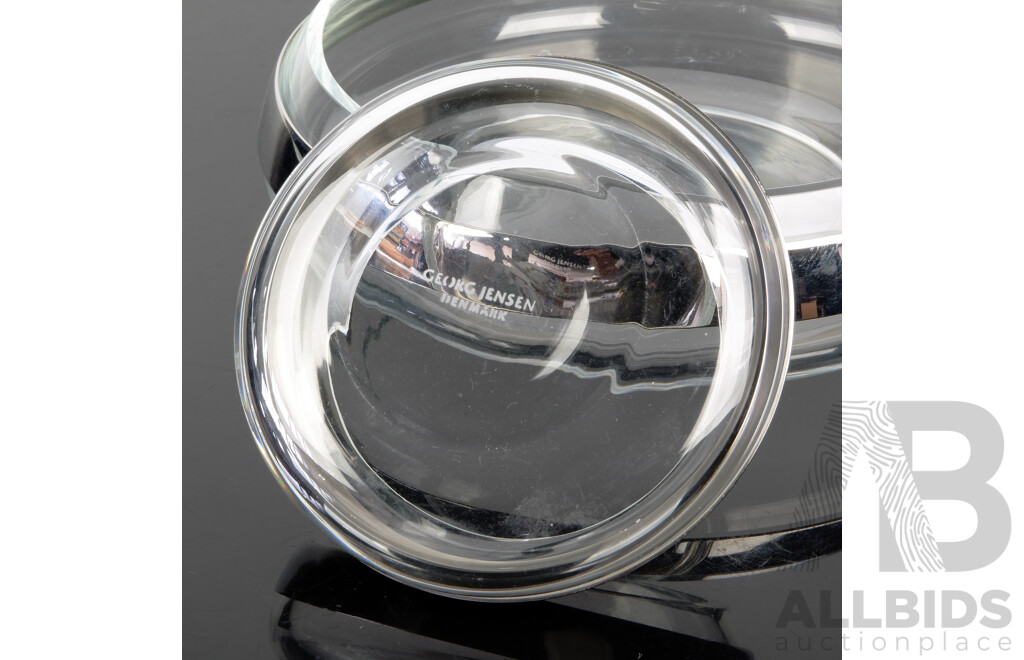Two Retro Danish Georg Jensen Glass Bowls with Metal Detail to Side