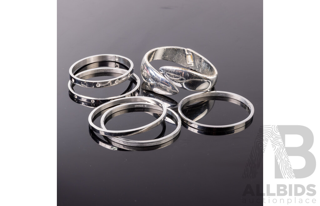 Collection of (6) Stainless Steel Oval Hinged Love Bangles, 58mm and Hinged Silver Tone Cuff Bangle 62mm
