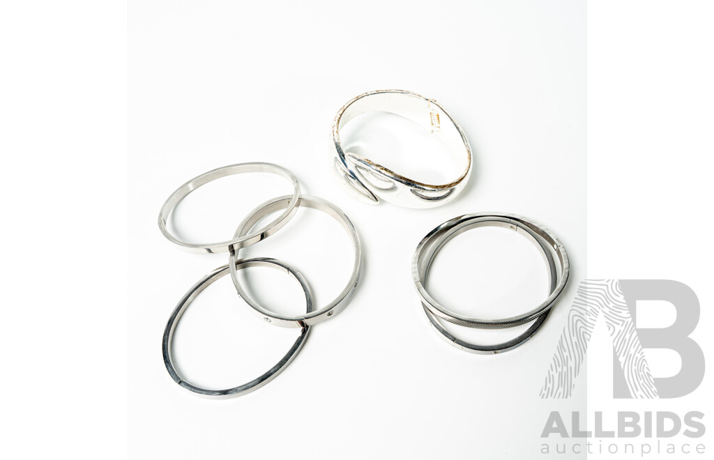 Collection of (6) Stainless Steel Oval Hinged Love Bangles, 58mm and Hinged Silver Tone Cuff Bangle 62mm