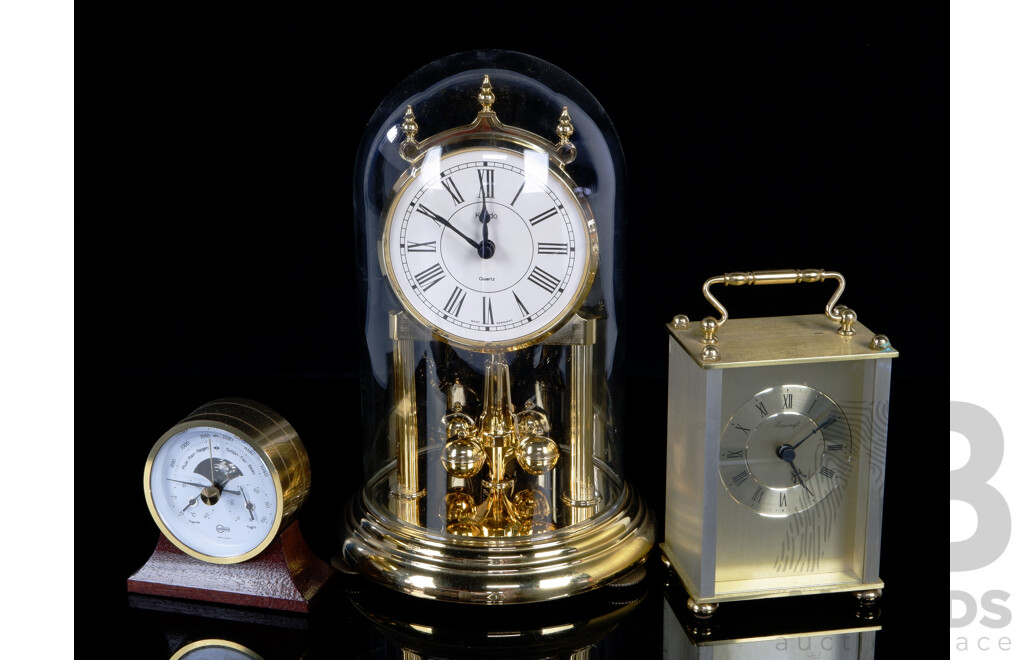 Kundo Anniversary Dome Clock, Timecraft Brass Tone Carriage Clock and Barigo Desktop Weather Station