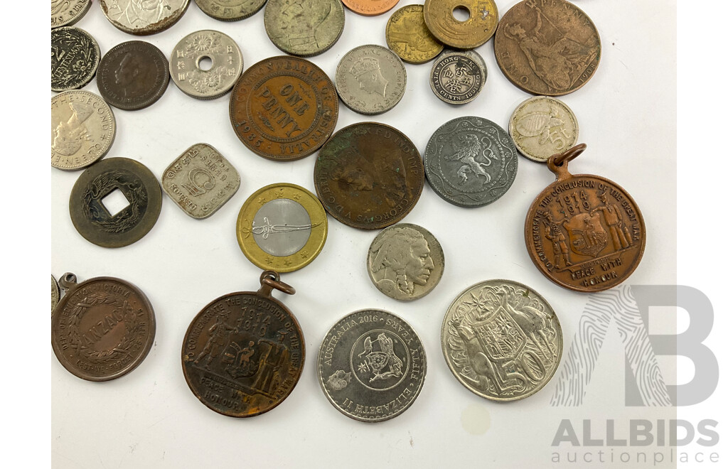 Collection of Collectable Coins Notes and Pendants Including Australian 1966 Round Silver Fifty Cent, 2016 Twenty Cent, 50 Years Decimal Currency, 1919 Johannesburg End of Great War and More