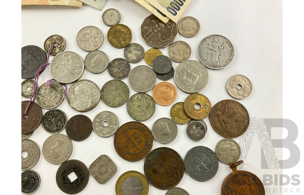 Collection of Collectable Coins Notes and Pendants Including Australian 1966 Round Silver Fifty Cent, 2016 Twenty Cent, 50 Years Decimal Currency, 1919 Johannesburg End of Great War and More
