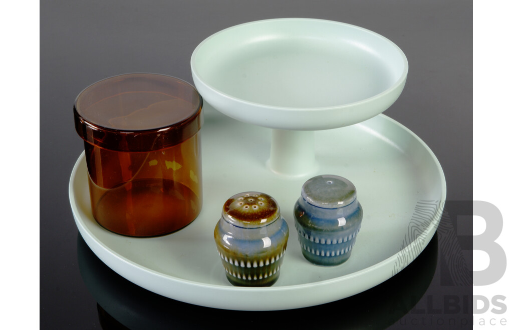 Lidded Glass Canister by Hay Glass, Pair Wade Ceramic S & P Shakers and Vitra Rotary Tray Designed by Jasper Morrison