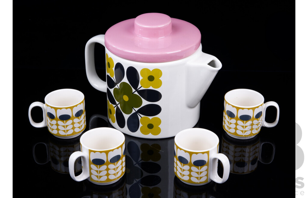 Irish Designer Orla Kiely Ceramic Lidded Coffee Pot Along with Four Matching Demitasse Cups