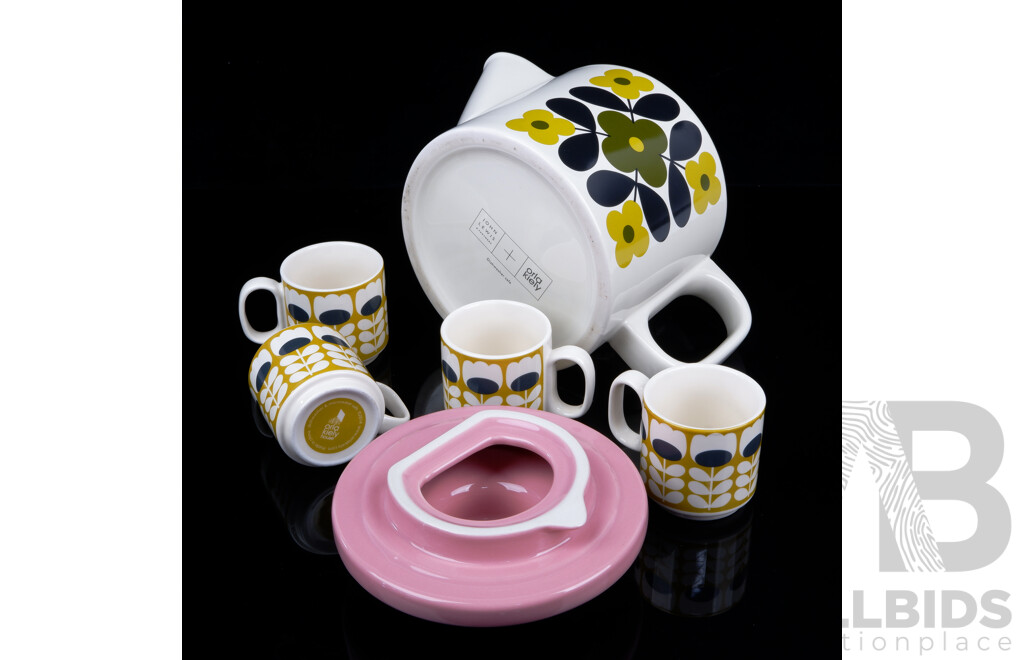 Irish Designer Orla Kiely Ceramic Lidded Coffee Pot Along with Four Matching Demitasse Cups