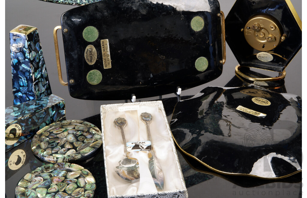 Collection Eleven Pieces NZ Paua Shell Inlay Items Including Tray, Clocks and More