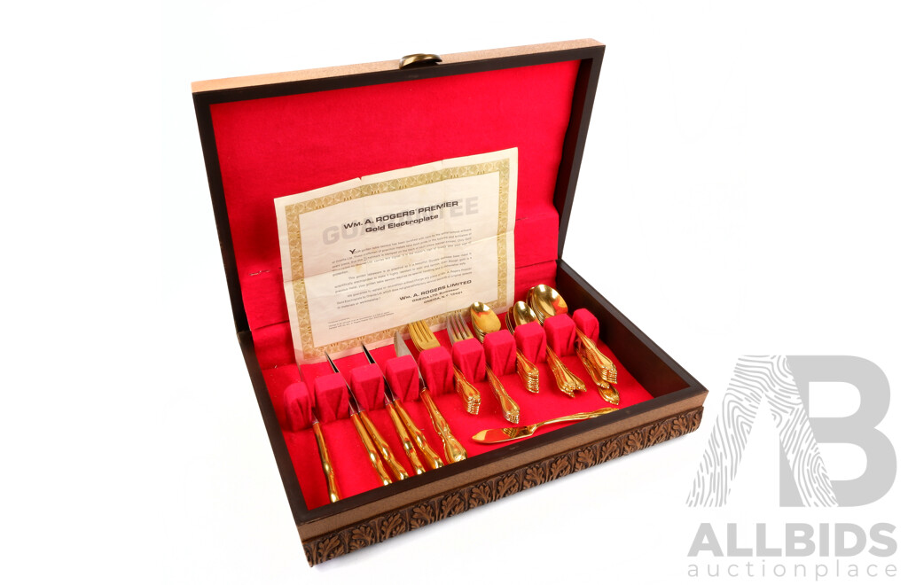Vintage Gold Plated 46 Piece Flatware Set by Wm a Rogers Oneida in Wooden Canteen