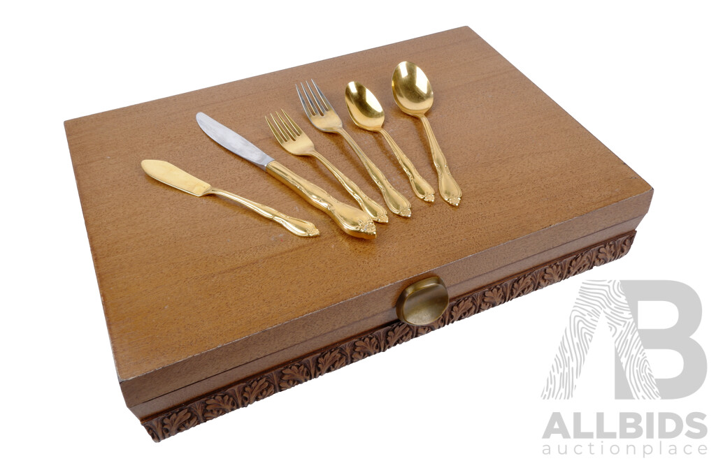 Vintage Gold Plated 46 Piece Flatware Set by Wm a Rogers Oneida in Wooden Canteen