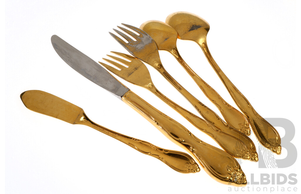 Vintage Gold Plated 46 Piece Flatware Set by Wm a Rogers Oneida in Wooden Canteen