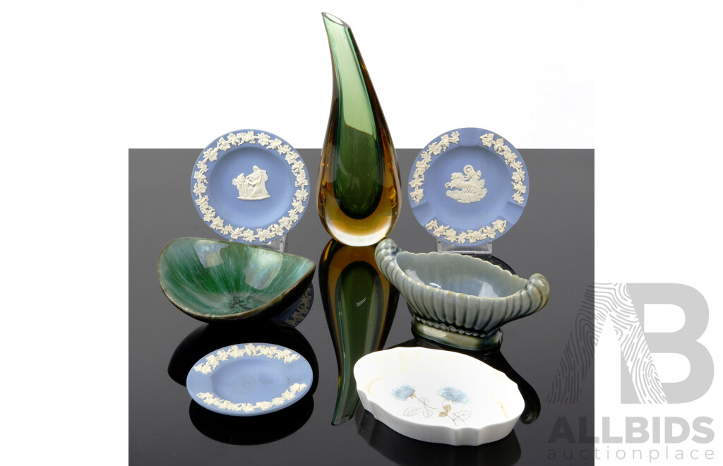 Collection Items Including Three Pieces Wedgwood Jasperware, Wade Vase, Murano Style Sommerso Glass Vase and More
