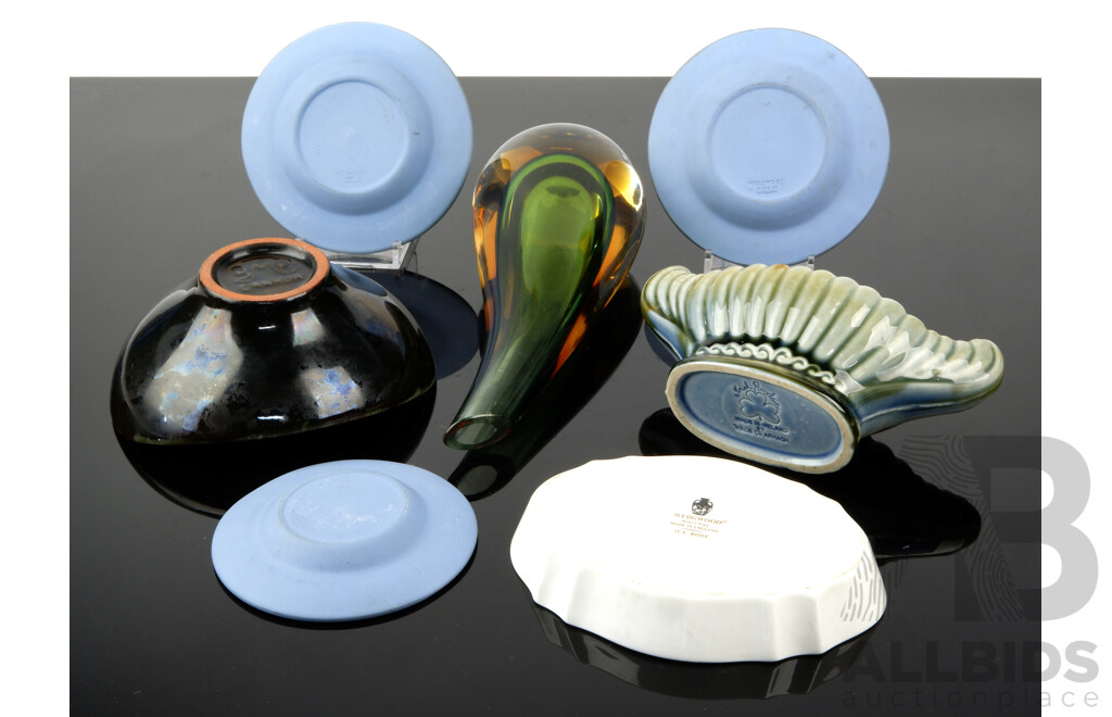 Collection Items Including Three Pieces Wedgwood Jasperware, Wade Vase, Murano Style Sommerso Glass Vase and More