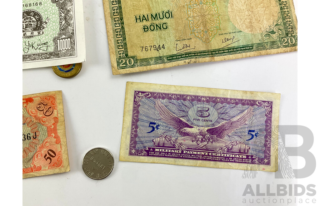 Collection of International Currency Including USA Milatary Banknotes and Coin, UK, Australia, Vietnam, New Zealand and More