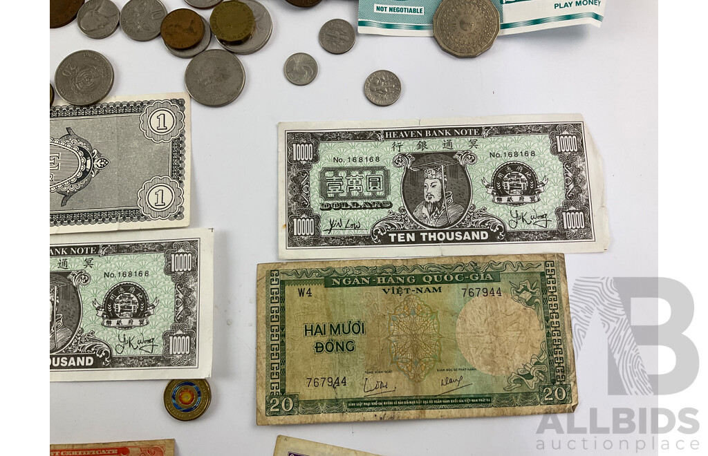 Collection of International Currency Including USA Milatary Banknotes and Coin, UK, Australia, Vietnam, New Zealand and More